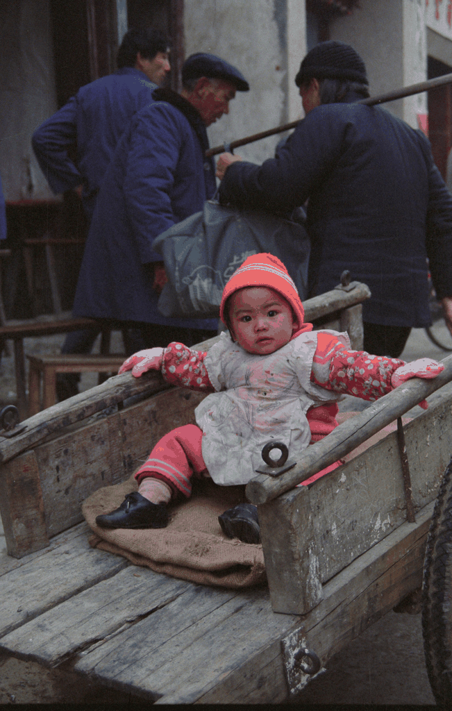 冬日板车上的孩童