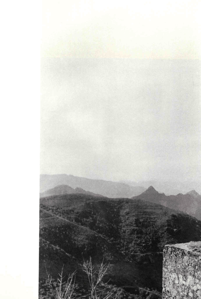 一张充满历史感的黑白山地老照片，展现了层峦叠嶂的远景与近处的石墙一角